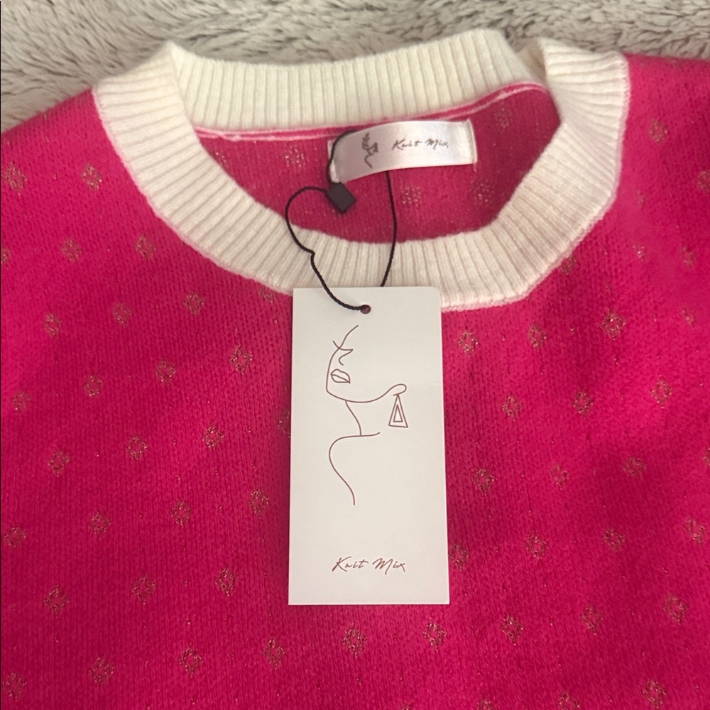 Hot Pink Short-Sleeve Knit Top with Contrast Trim